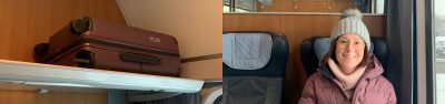 Carry-on luggage fits comfortably in narrow luggage racks 